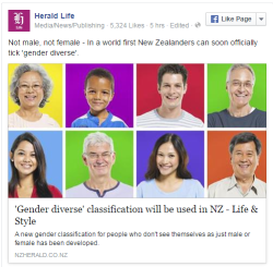 profeminist:    ‘Gender diverse’ classification will be used in NZ  “A new gender classification for people who don’t see themselves as just male or female has been developed and New Zealand will be the first to adopt it.“Gender diverse” will