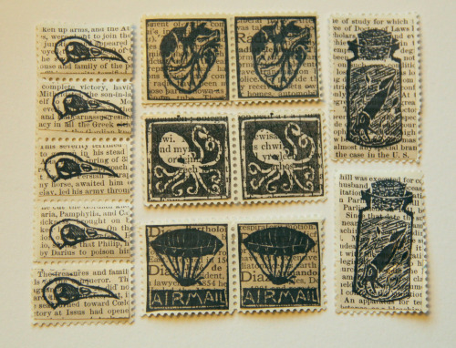 A selection of the faux postage stamps I have made.  The trees are watercolors, the critters are han