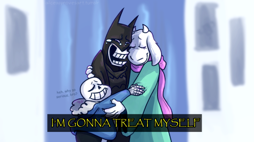 aliceapprovesart:  TREAT YO SELF to Undertale Even though Mettaton would more likely be Tom Haverford, Toriel and Sans hanging out makes me happy and I decided to TREAT. MYSELF. Dialogue and scenario from the Parks and Rec ep: “Pawnee Rangers” 