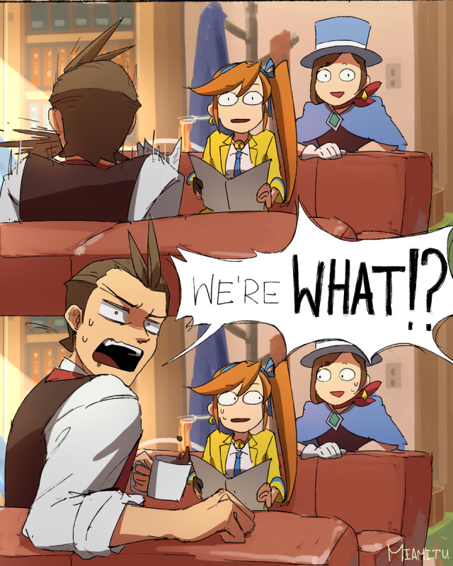 Apollo spits out his drink. Athena and Trucy stare at him, eyes wide, with a frozen smile. Apollo turns to him and yells "We're what?" with emphasis on 'what'. Athena and Trucy glance at eachother. 