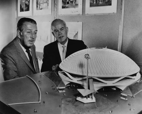 Walt with architect Welton Becket discussing his model for General Electric&rsquo;s Carousel of 