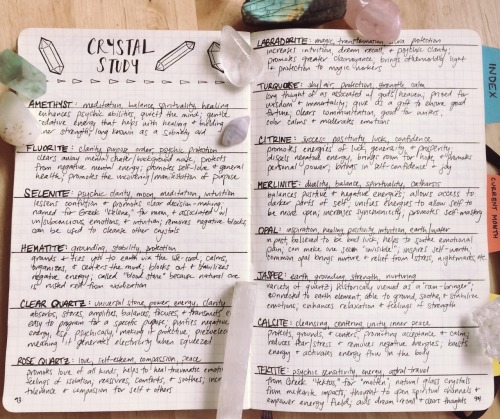 triplevirgo: just a peek at the crystal notes i’ve made in my grimoire ~  no particular order to them, i just add notes as i acquire new types of gems; some general uses/associations, plus whatever resonates with me about their energy or folklore 