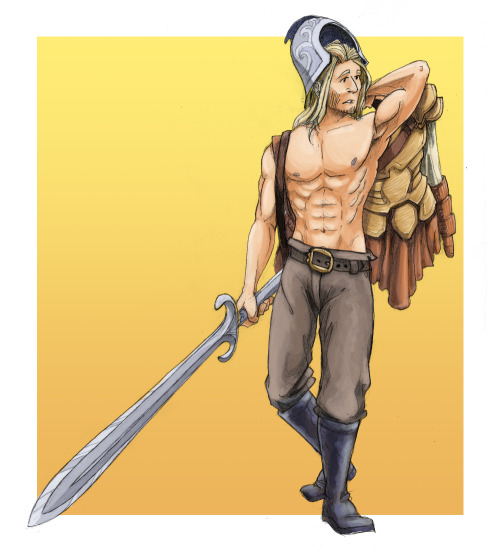 Hal, a 7′ tall human warrior and former surfer dude. In addition to his greatsword, leather breeches