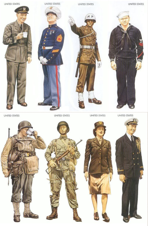 worldwar-two:  An assortment of uniforms worn by American forces throughout World War II. 
