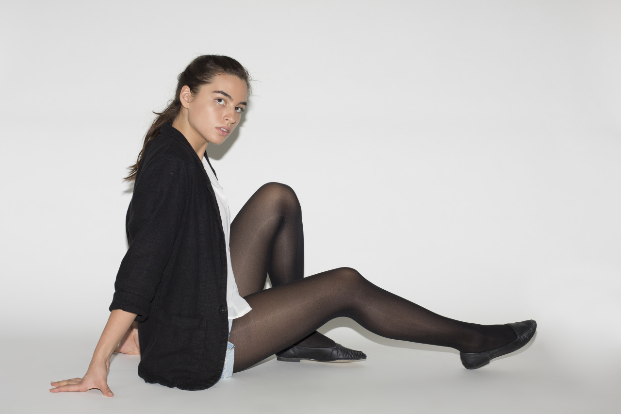 americanapparel:  Maryam in the Linen Blazer, Jean Shorts &amp; Tights.  rb because