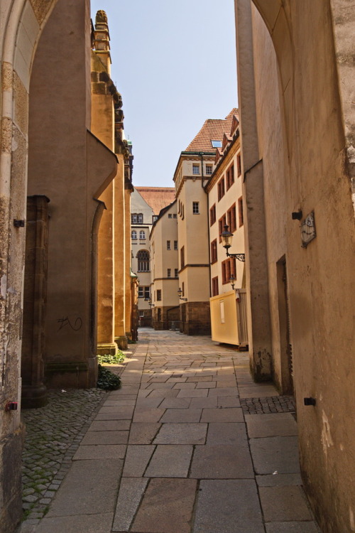 Alleys. Gassen.Alley in Chemnitz near the church, Summer 2015.