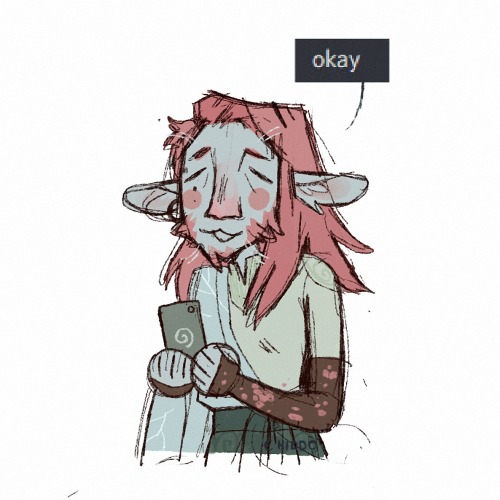 a scratchy digital drawing of caduceus saying "okay" with a sleepy expression.