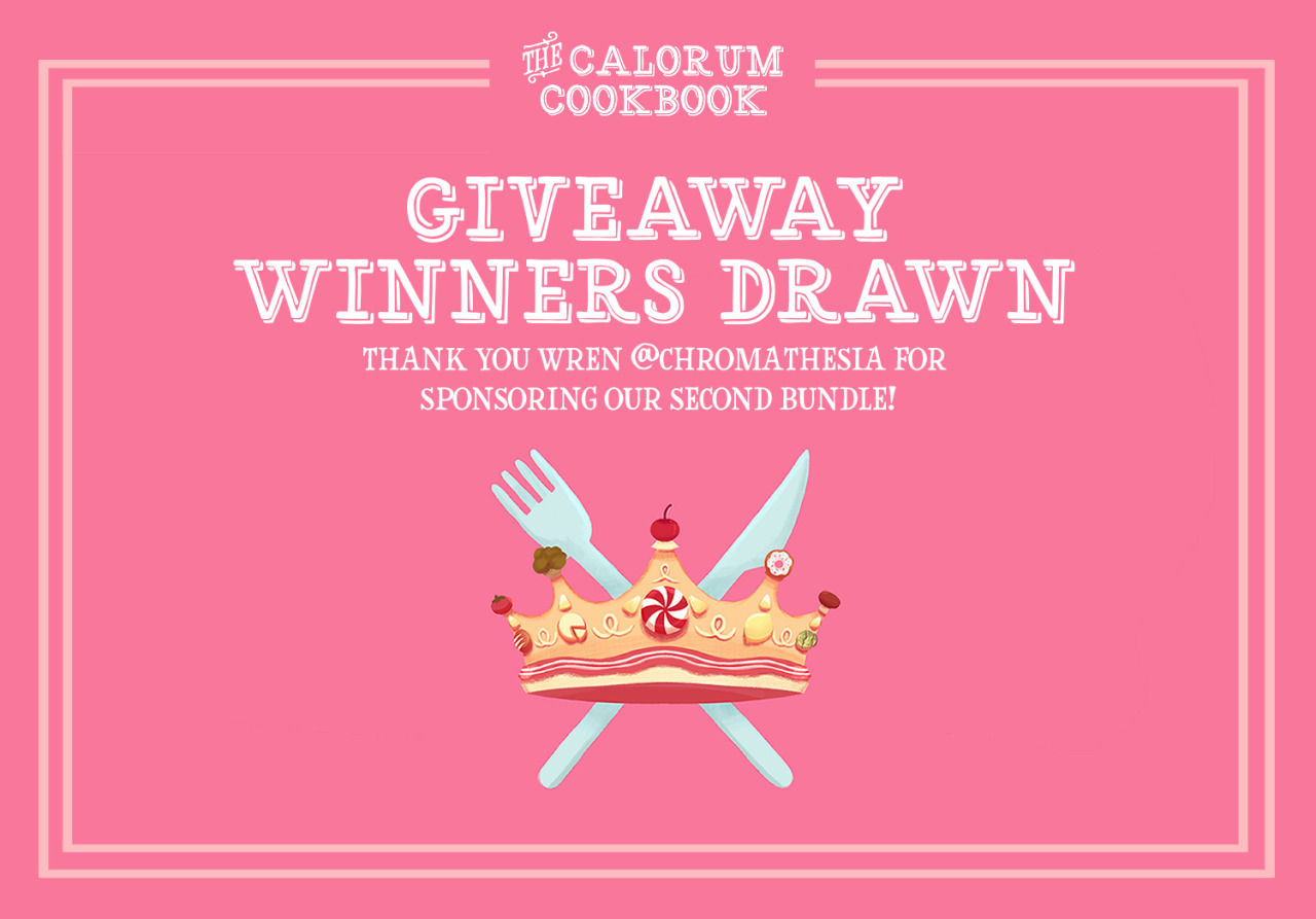 👑WINNERS DRAWN👑Thank you to everyone for participating in our giveaway! Our winners are @/marisaceeee from Twitter and @/b_i_s_u_biko from Instagram, both of whom have been contacted. A special thank you to @chromathesia who has sponsored our second full bundle!  [ID:  A pink graphic with the Calorum Cookbook logo on it and text. The logo is a beige crown made out of food, and a blue knife and fork crossed behind it. The text reads Giveaway Winners Drawn, with smaller text underneath reading: Thank you Wren @chromathesia for sponsoring our second bundle. There is a light pink border text reading ‘The Calorum Cookbook’ at the top of the graphic. END ID.] #dimension 20 #a crown of candy #fanzine