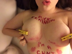 stupid-slut-humiliation:  i’m a stupid little cunt 💕 rustywildflowers   I am very happy to log on while out of town and see this cunt accepting her fate. Letting the world know that she is born to serve cock. She doesn’t need any false ideals,