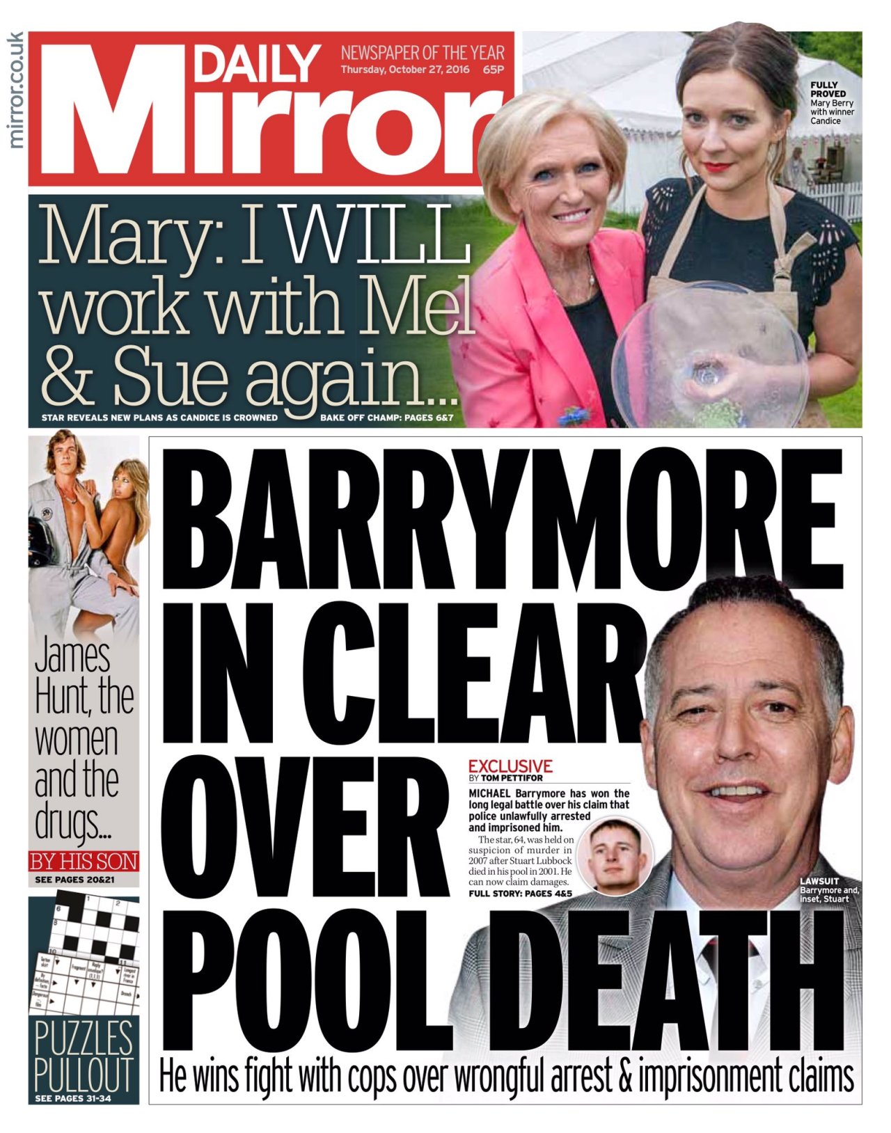 Tomorrow S Papers Today Thursday S Daily Mirror Front Page Barrymore In