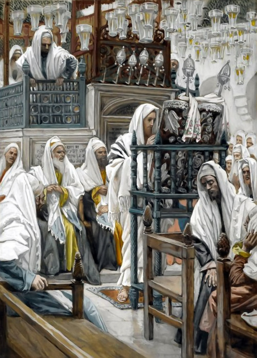 artist-tissot: Jesus Unrolls the Book in the Synagogue, 1894, James Tissot