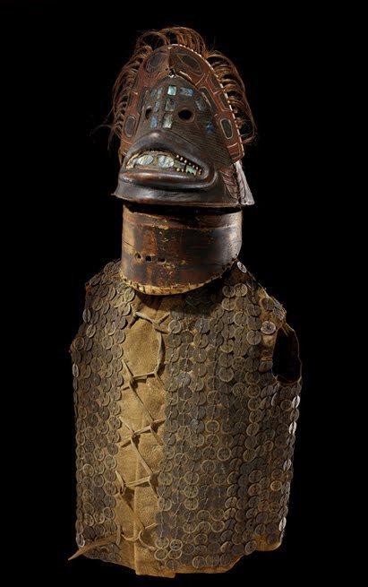 Armor made from walrus hid and Chinese coins with wooden helmet, from the Tlingit people of the Paci