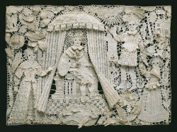 wike-wabbits:  Lace panel depicting the story of the Judgement of King SolomonEnglish, circa 1640-1670Needle lace, with seed pearls and glass beads 