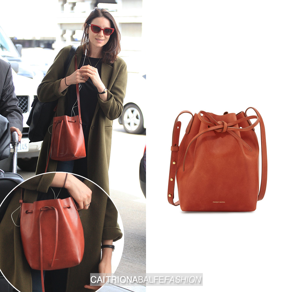 Caitriona Balfe Fashion — WHAT: Mansur Gavriel Mini Bucket Bag in Brandy