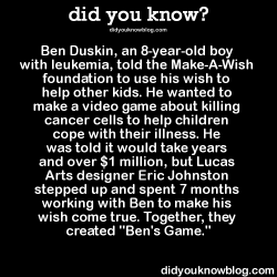 did-you-kno:  Source  Lucas Arts completely supported Eric Johnston, and Ben’s oncologist offered to be an advisor for the game - as long as his patients could be the first to play it. In 2005, they were both awarded the “Unsung Hero of Compassion”