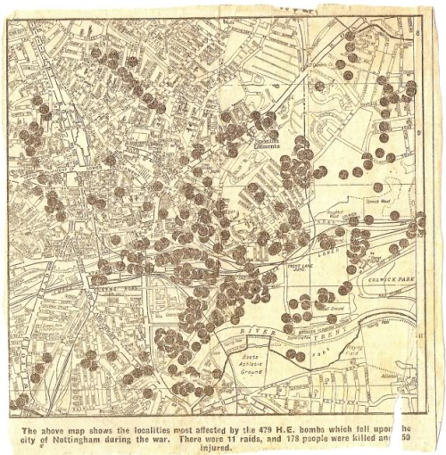 &ldquo;The above map shows the localities most affected by the 479 H.E. bombs which fell upon th