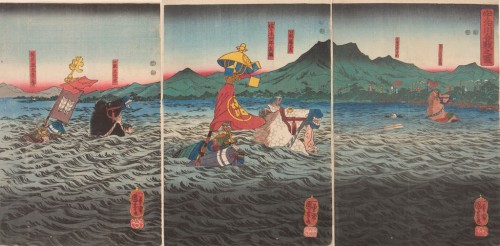 Triptych: Battle of the Uji River (Ujigawa kassen no zu), Utagawa Kuniyoshi, Late Edo period, circa 