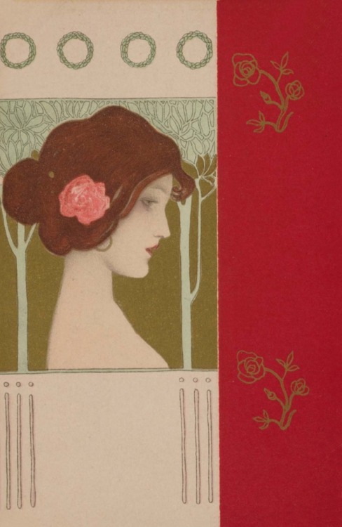 Vintage post cards.1901. Girls face with red border. Color lithograph with metallic pigment on card 