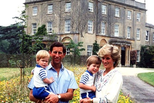shy-di:    Prince Charles and his wife Princess Diana, with William and Harry, outside Highgrove House in Gloucestershire   