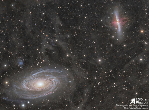 Galaxy Wars: M81 versus M82 : In the lower left corner, surrounded by blue spiral arms, is spiral 