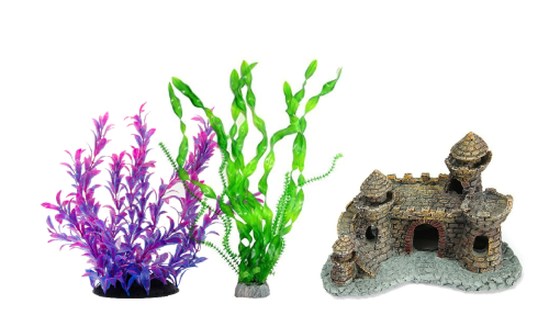 fishtank decorations against a white background, including green and purple seaweed and a medieval castle