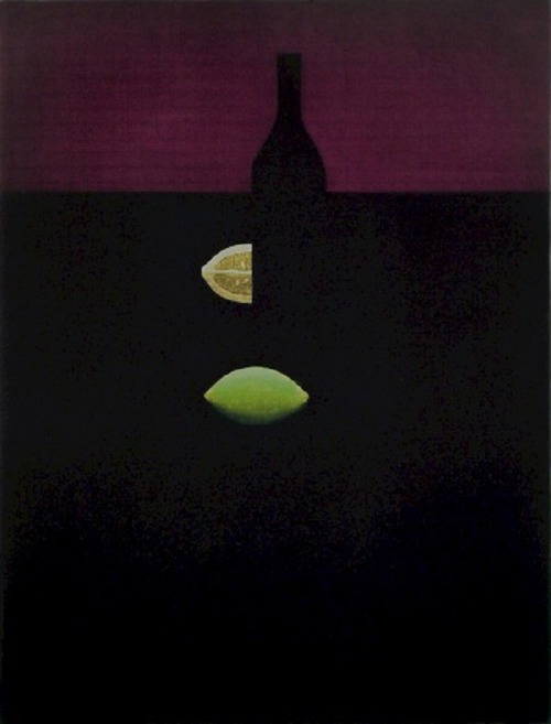 Yozo Hamaguchi -  Bottle with Lemons and Red Wall  (mezzotint, 1983)