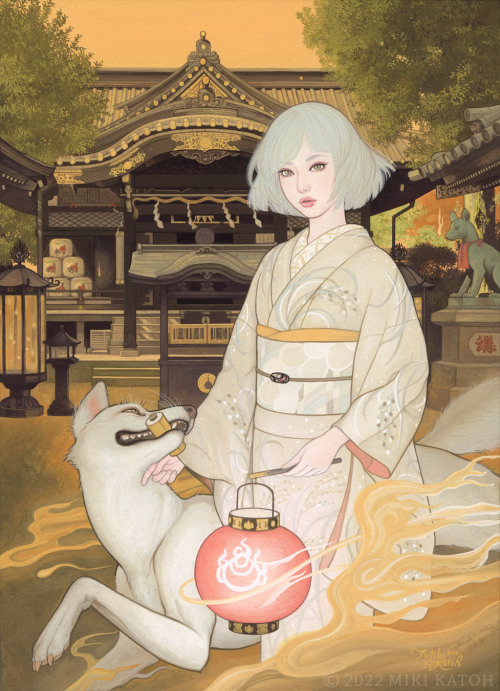 [Otsukai] (lit. envoy/familiar), hauntingly beautiful art by Miki Katoh, depicting myôbu (white kits