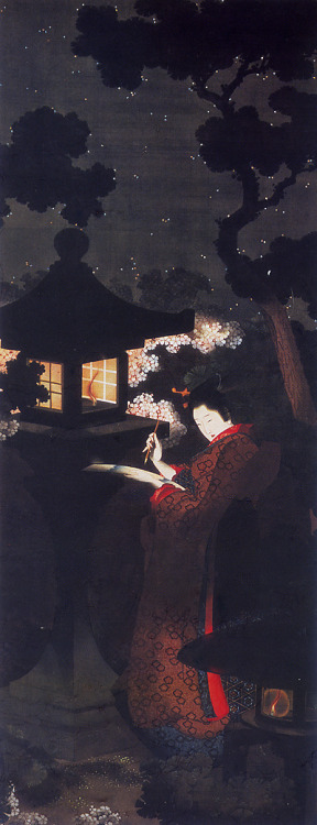taishou-kun:  Katsushika Oui 葛飾応為 Yozakura bijin-zu 夜桜美人図 (Cherry blossoms beautiful view) - circa 1