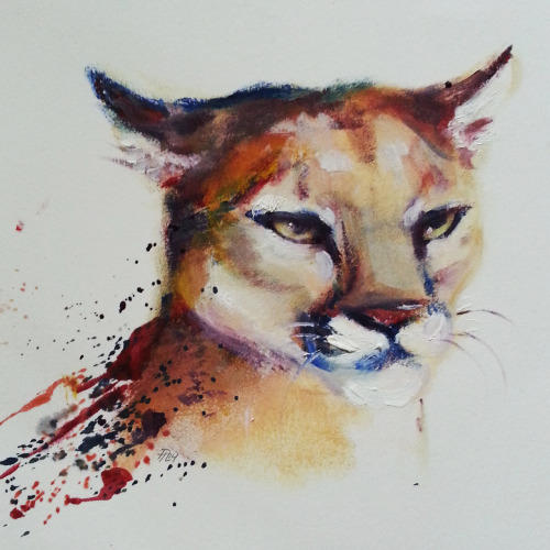 Splattercat cougar. 2014 Leftover oils on Reeves paper.