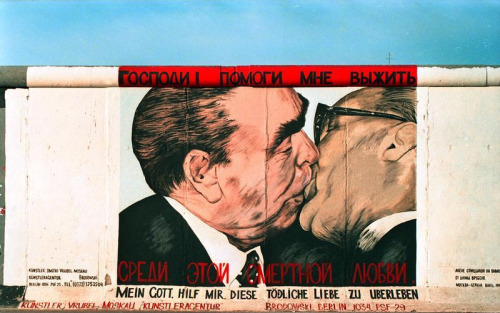 Soviet Premier Leonid Brezhnev smooches East German First Secretary Erich Honecker, October 7th, 197