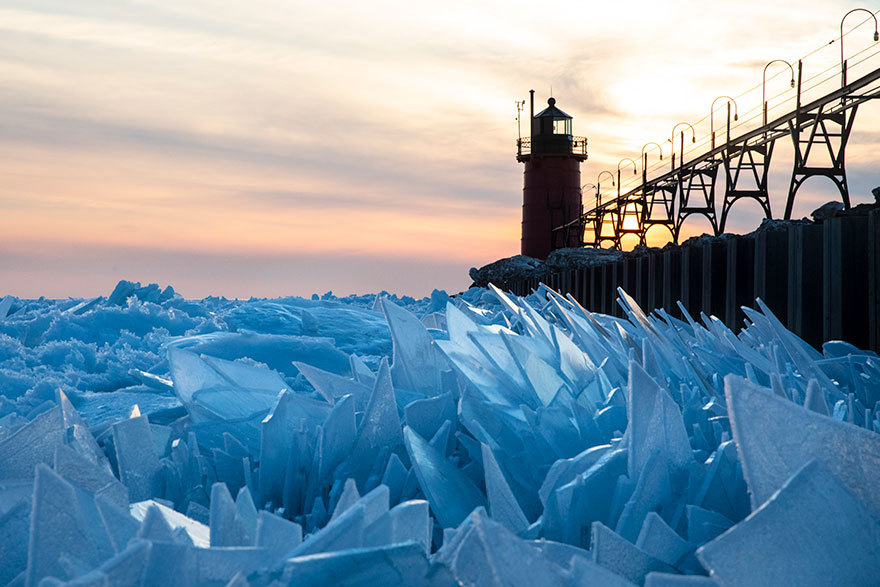 sixpenceee:The polar vortex has kept Lake Michigan frozen for the most part of winter.