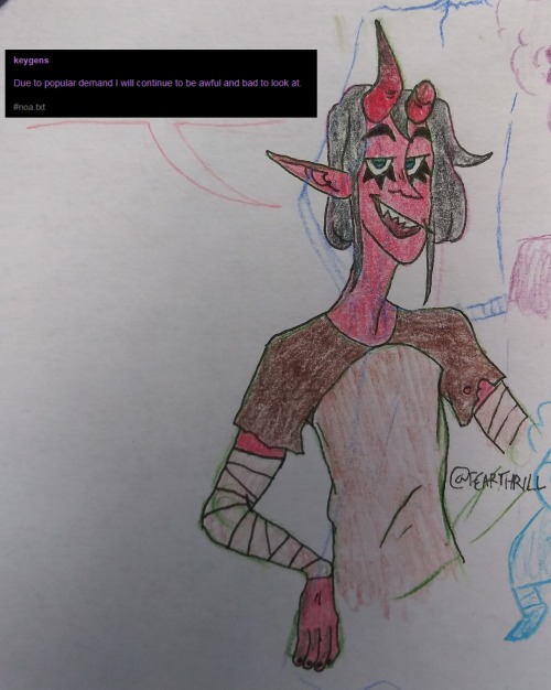 lozermortis:[Image ID: A torso drawing of a red tiefling. They wear a beige shirt with brown sleeves