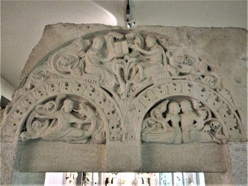 Tympanum from a wealthy residence in Reims, c. 1160-1180 The three scenes represent Science (to