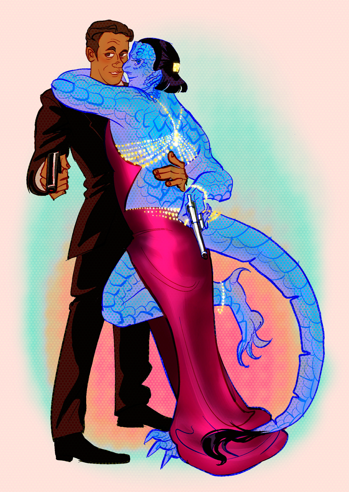 A color digital illustration of Garak and Julian Bashir from Star Trek: Deep Space Nine. Bashir is wearing a tuxedo and glancing to the left, holding a pistol in one hand and holding on to Garak with the other. Garak is wearing a backless red-pink satin dress with delicate gold beaded fastenings and jewelry. He is glancing over his shoulder at the viewer, and holding a silver gun behind his back. The colors are bright and vibrant, with Garak's scales shaded in blue and purple, and decorated with dotted patterns.