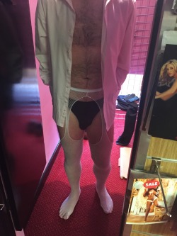 mfsdomle:  Locked and forced into sexy tights in a sex shop for all to see…  The bulge in his briefs is all cock cage 😂