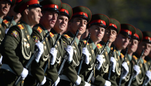 secondworldwarineurope: Soviet soldiers with lowered standards of the defeated Nazi forces during th