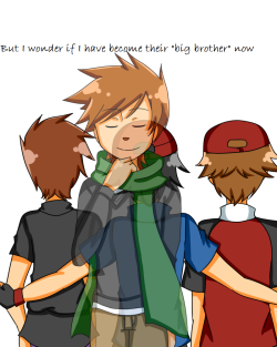 rottenvelvet-artblog:  Green’s theory of happiness. au where Green is Ayano and the three kids(Kido,Seto and Kano) are Gary,Ash and Fire(origin!Red). i wrote a fanfic about this but it’s on my phone. i don’t want to post it yet,i need to write it
