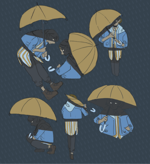 it’s raining men and women with yellow umbrellas.