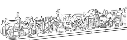 Here’s my storyboard drawing of the pan from “Just Be a Pebble” of Beardo’s shelf of ingredients. Fo