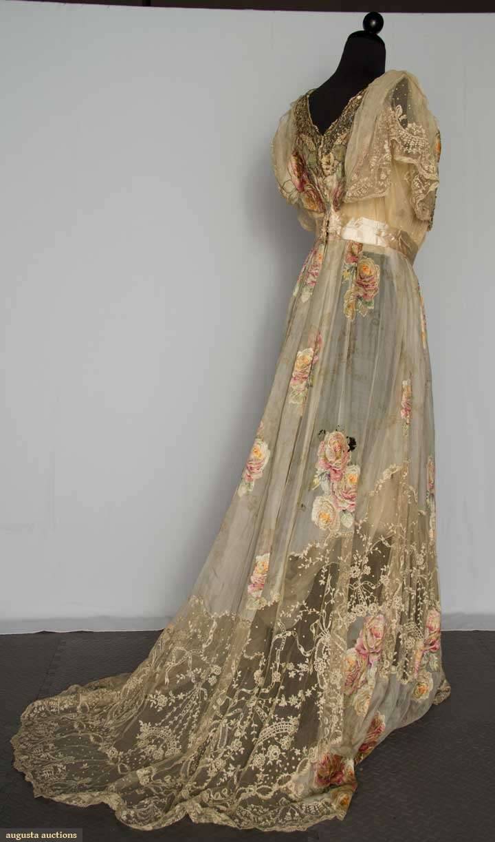  Belle Epoch Gown: “one piece cream silk chiffon w/ pale printed &amp; flocked