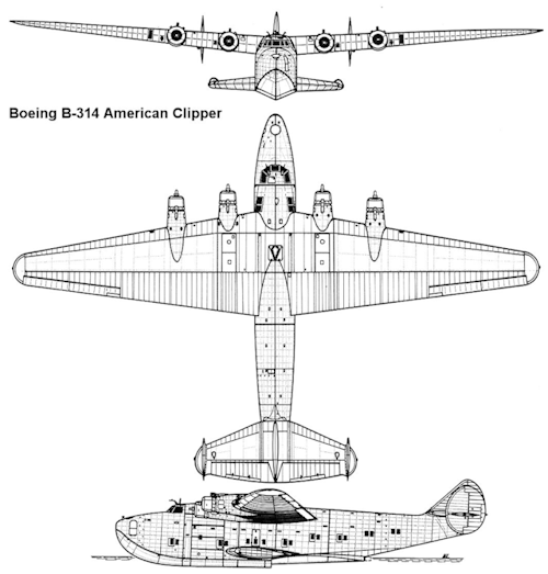 redarmyscreaming:Boeing 314 Clipper was an American long-range flying boat  produced by Boeing from 1938 to 1941. One of the largest aircraft of its  time, it had the range to cross the Atlantic and Pacific oceans. For  its wing, Boeing re-used the design