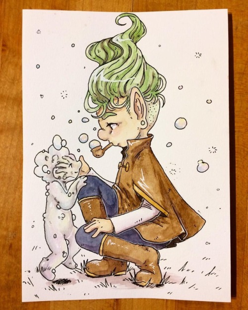 Bubbles ....#bubble #cute #bubblekid #cape #greenhair #ink #drawing #illustration #watercolor #kidli