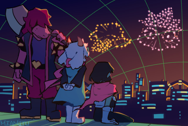 Kris, Ralsei and Susie watching the firework over the city. One firework is shaped like Susie, another like Ralsei.