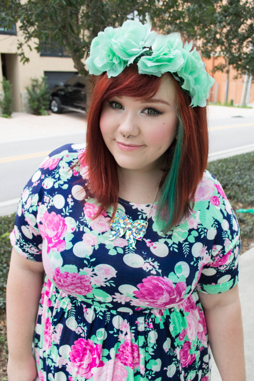 theprintfiend:  OOTD: Flowers and Polkadots Dress: boohoo, leggings: Forever21+, flower crown: Forever21, boots: Target <3 