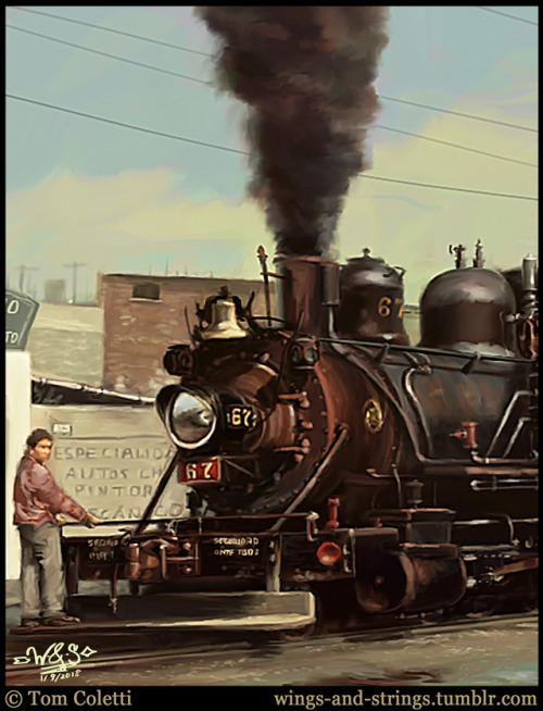 “A Las Tiendas” A newly-finished painting of engine #67 of the Ferrocarril Interoceánico de México, 