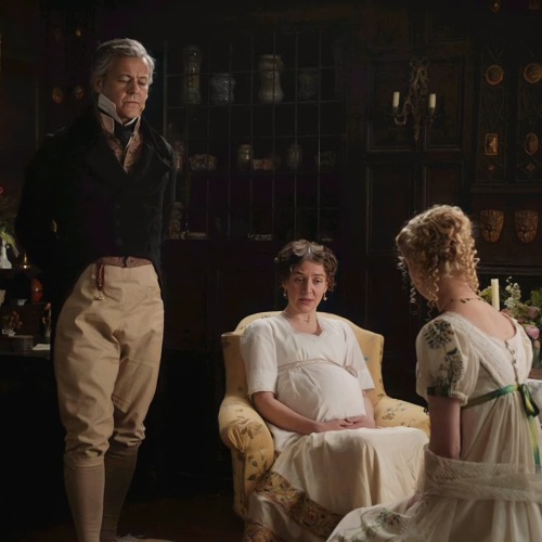 Rupert Graves and Gemma Whelan as Mr & Mrs Weston and Anya Taylor-Joy as Emma Woodhouse in EMMA.