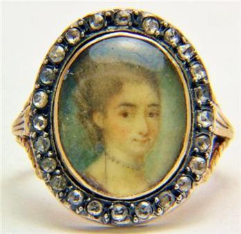 historicaljewelry:A ring with a miniature portrait of a lady surround in diamonds, Georgian era, lat