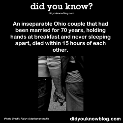 did-you-kno:  An inseparable Ohio couple that had been married for 70 years, holding hands at breakfast and never sleeping apart, died within 15 hours of each other. Source