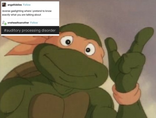a screenshot of 1987 Mikey edited with a tumblr post by @angeltiddies: reverse gaslighting where i pretend to know exactly what you are talking about" below it a reblog by @oneheadtoanother is a screenshot of tags reading "#auditory processing disorder"