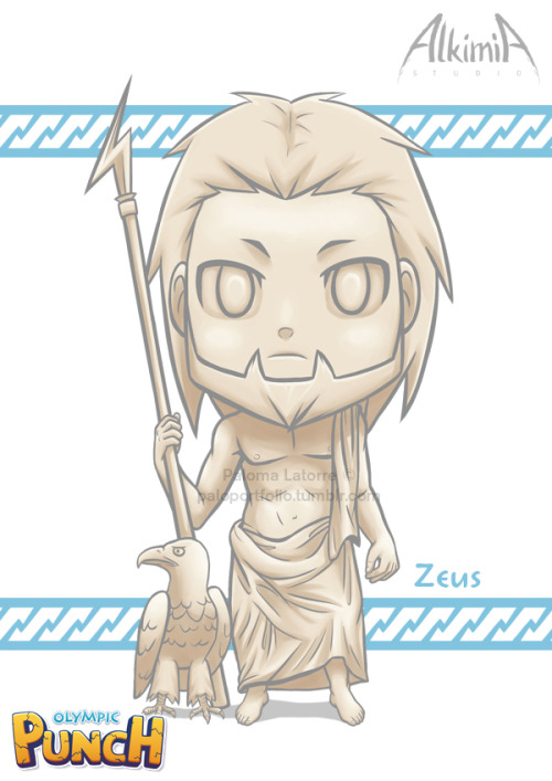 Illustrations of some Olympic Punch characters like if they were statues. They are Hades, Zeus, Arte